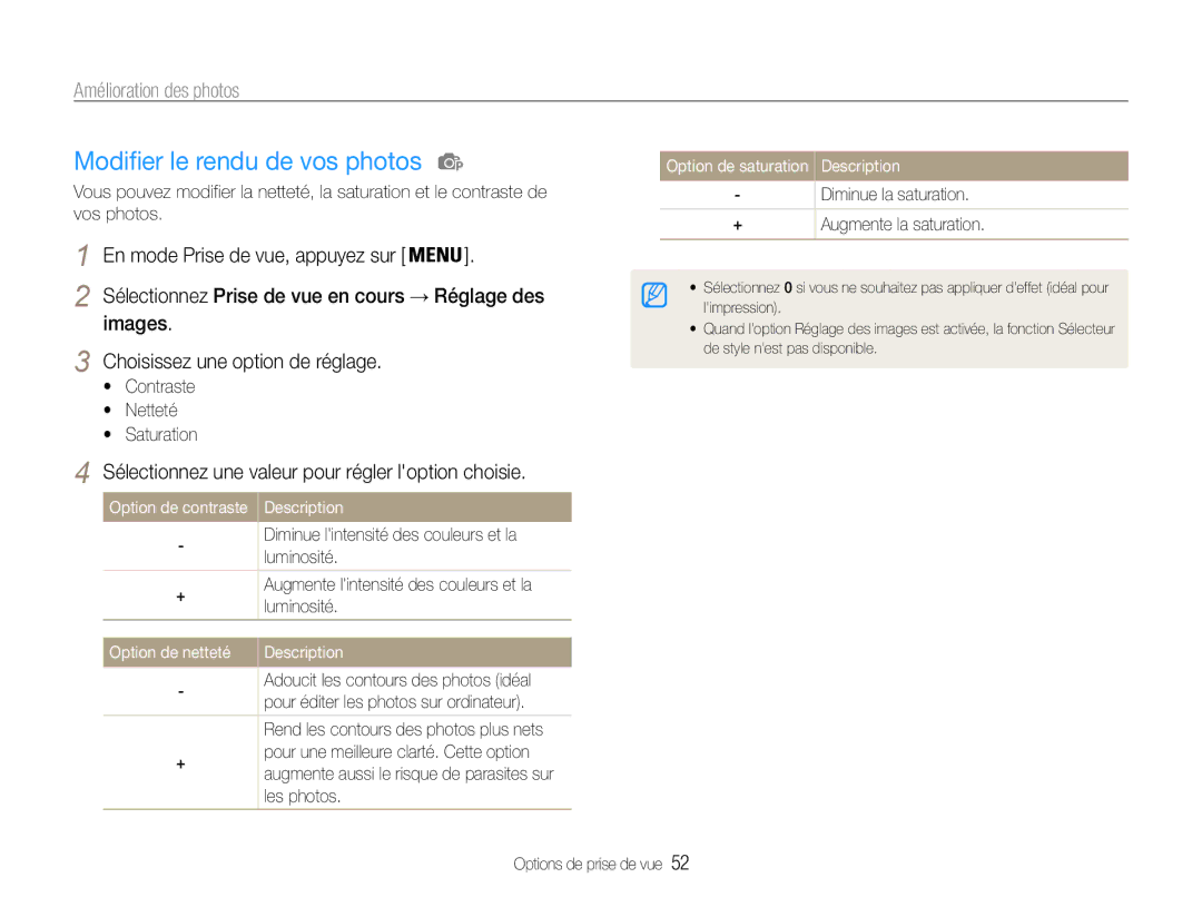 Samsung EC-ES9ZZZBABE1 Modifier le rendu de vos photos, Amélioration des photos, Images Choisissez une option de réglage 