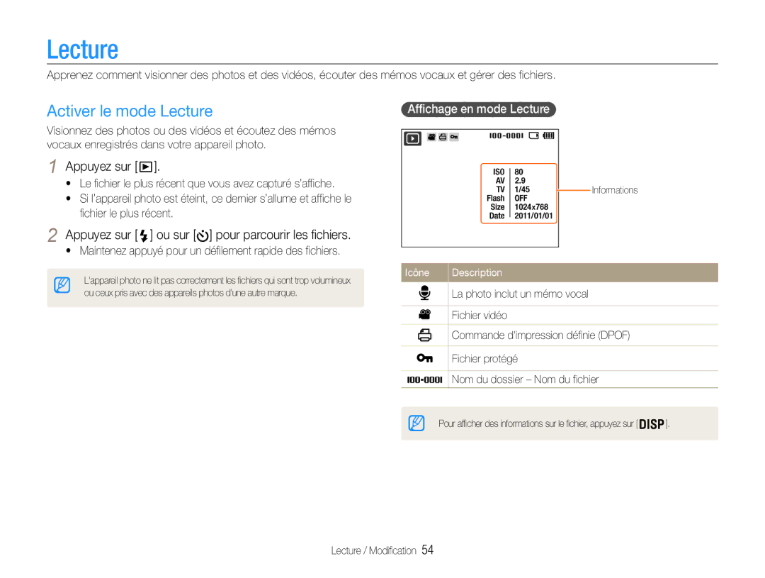 Samsung EC-ES9ZZZBABE1 manual Activer le mode Lecture, Appuyez sur ou sur pour parcourir les fichiers 