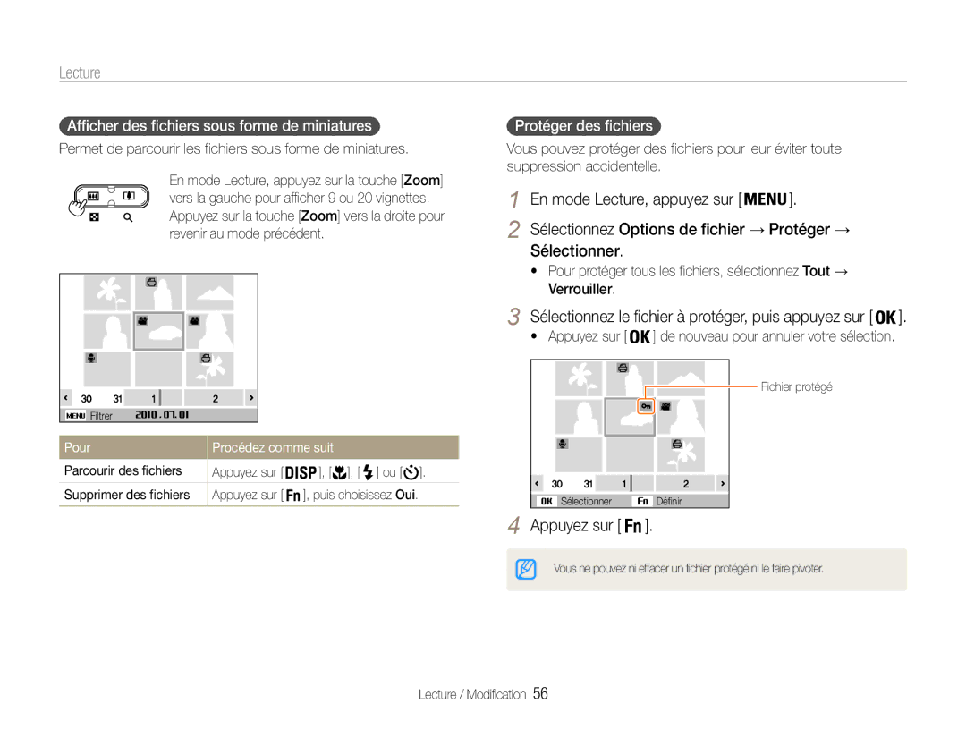 Samsung EC-ES9ZZZBABE1 manual Sélectionner, Afficher des fichiers sous forme de miniatures, Protéger des fichiers 