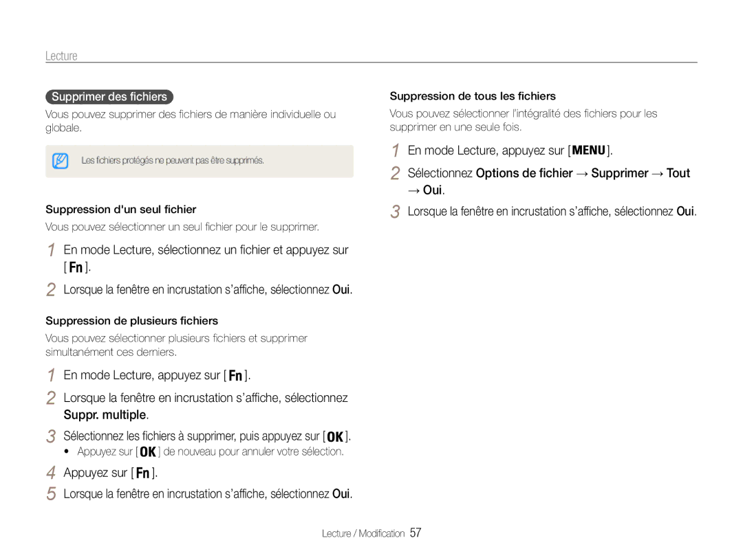 Samsung EC-ES9ZZZBABE1 manual → Oui, Supprimer des fichiers Suppression de tous les fichiers 