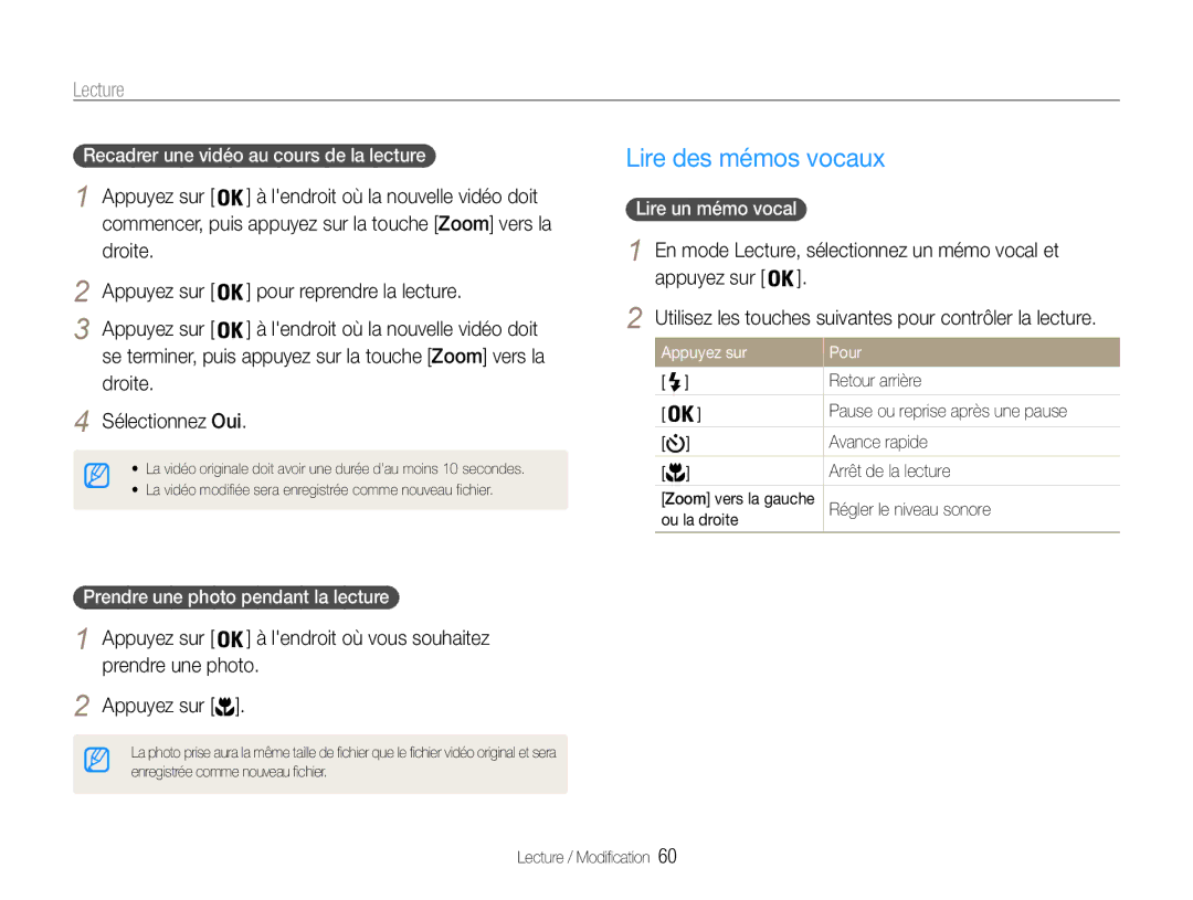 Samsung EC-ES9ZZZBABE1 manual Lire des mémos vocaux, Droite Appuyez sur Pour reprendre la lecture, Prendre une photo 