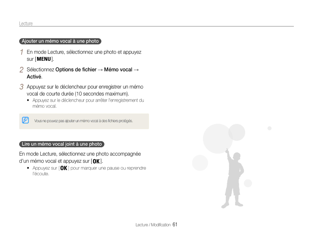 Samsung EC-ES9ZZZBABE1 manual En mode Lecture, sélectionnez une photo accompagnée, Ajouter un mémo vocal à une photo 