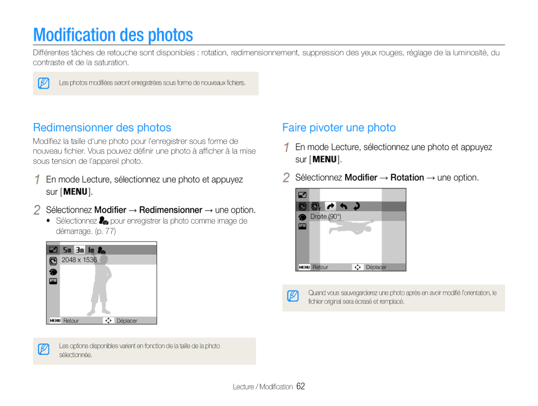 Samsung EC-ES9ZZZBABE1 manual Modification des photos, Redimensionner des photos, Faire pivoter une photo 