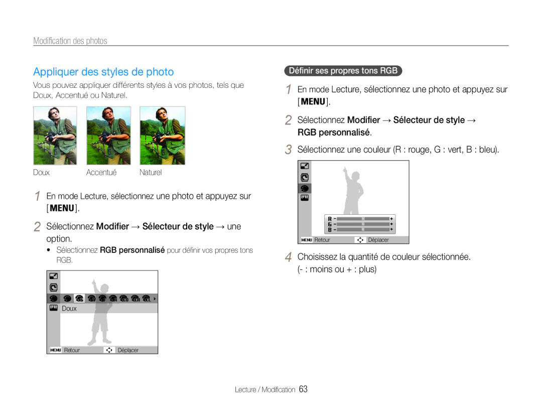 Samsung EC-ES9ZZZBABE1 manual Appliquer des styles de photo, Modification des photos, RGB personnalisé 