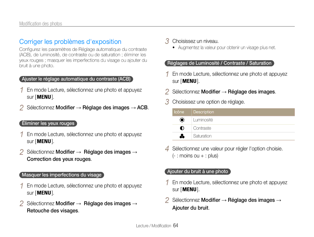 Samsung EC-ES9ZZZBABE1 manual Corriger les problèmes dexposition, Choisissez un niveau, Correction des yeux rouges 