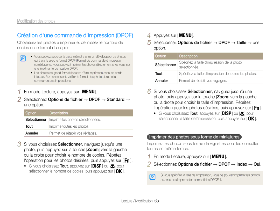 Samsung EC-ES9ZZZBABE1 manual Création dune commande dimpression Dpof, Imprimer des photos sous forme de miniatures 