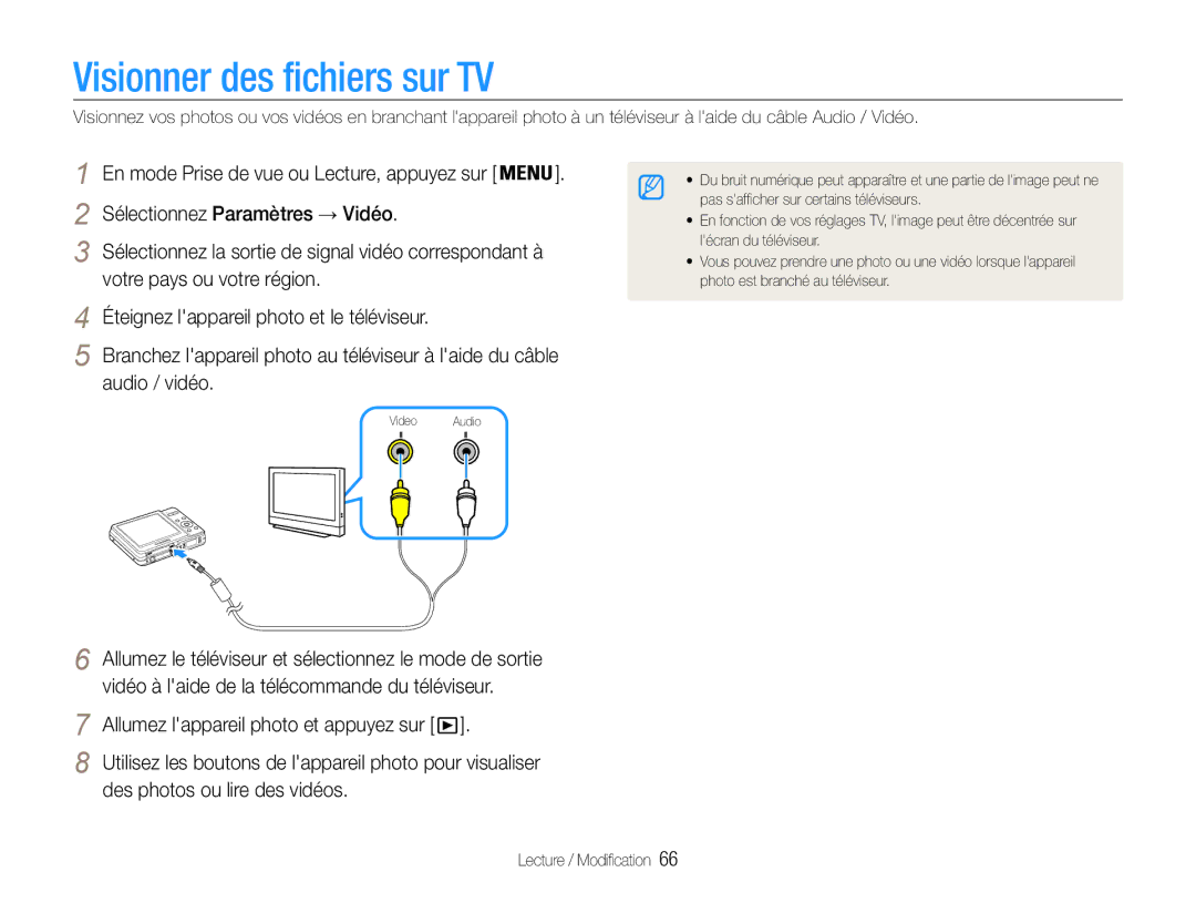 Samsung EC-ES9ZZZBABE1 manual Visionner des fichiers sur TV, Allumez lappareil photo et appuyez sur 