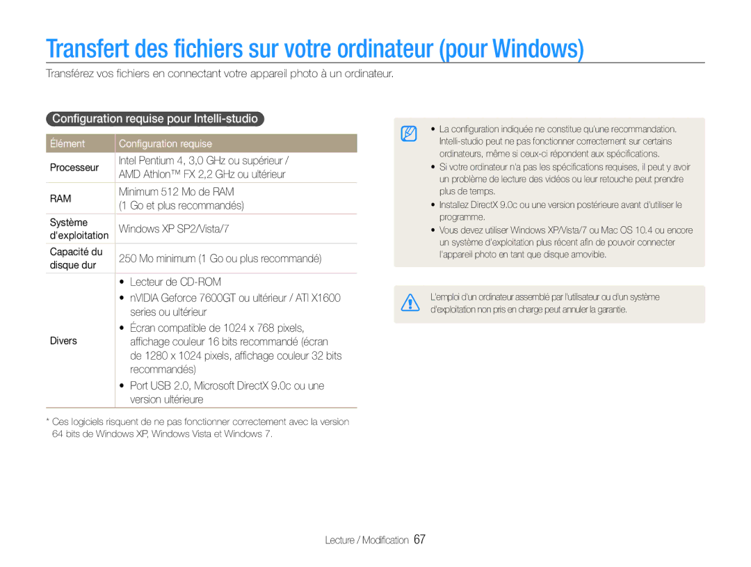 Samsung EC-ES9ZZZBABE1 Transfert des fichiers sur votre ordinateur pour Windows, Configuration requise pour Intelli-studio 