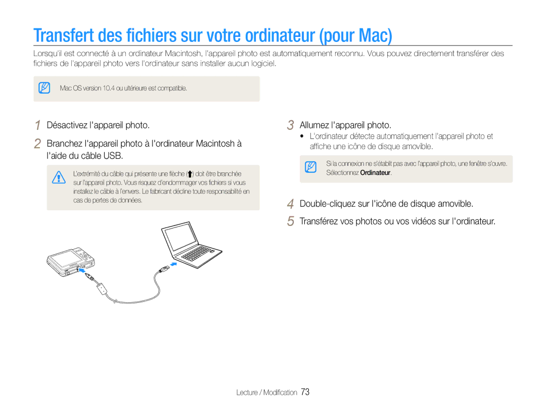 Samsung EC-ES9ZZZBABE1 manual Transfert des fichiers sur votre ordinateur pour Mac, Laide du câble USB 