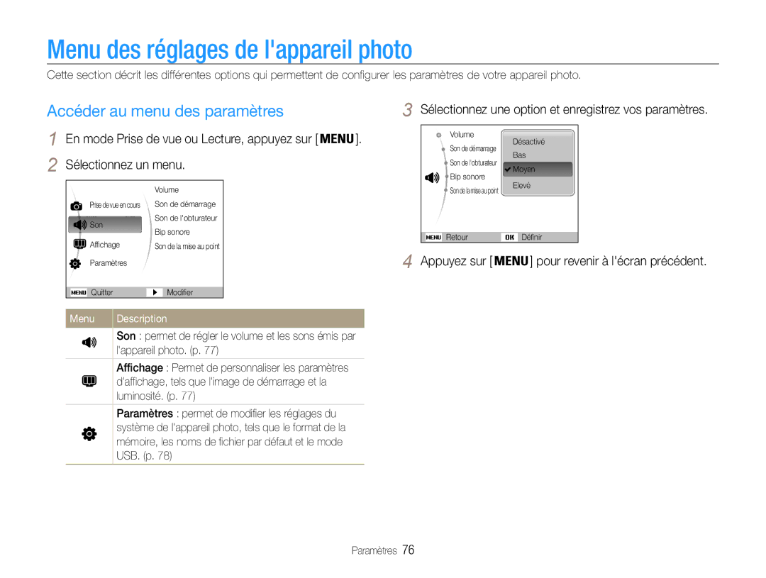 Samsung EC-ES9ZZZBABE1 manual Menu des réglages de lappareil photo, Accéder au menu des paramètres, Sélectionnez un menu 