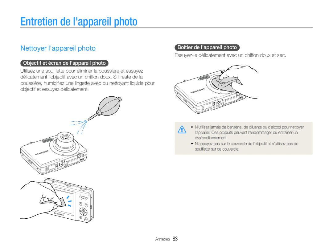 Samsung EC-ES9ZZZBABE1 manual Entretien de lappareil photo, Nettoyer lappareil photo, Objectif et écran de lappareil photo 