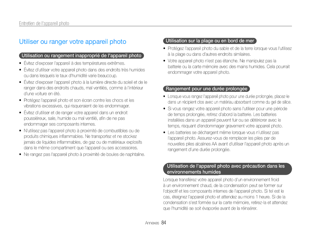 Samsung EC-ES9ZZZBABE1 manual Utiliser ou ranger votre appareil photo, Entretien de lappareil photo 