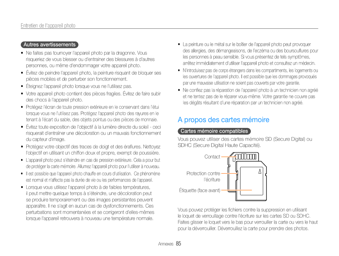 Samsung EC-ES9ZZZBABE1 manual Propos des cartes mémoire, Autres avertissements, Cartes mémoire compatibles 