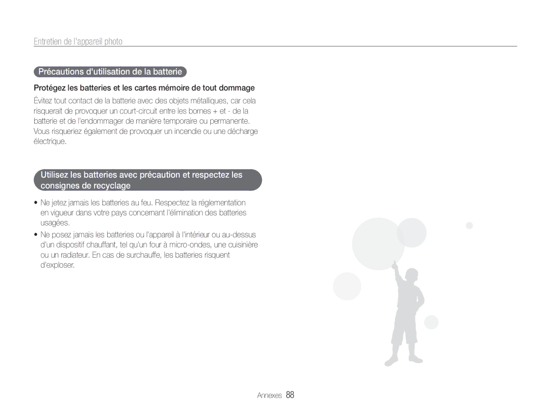 Samsung EC-ES9ZZZBABE1 manual Précautions dutilisation de la batterie 