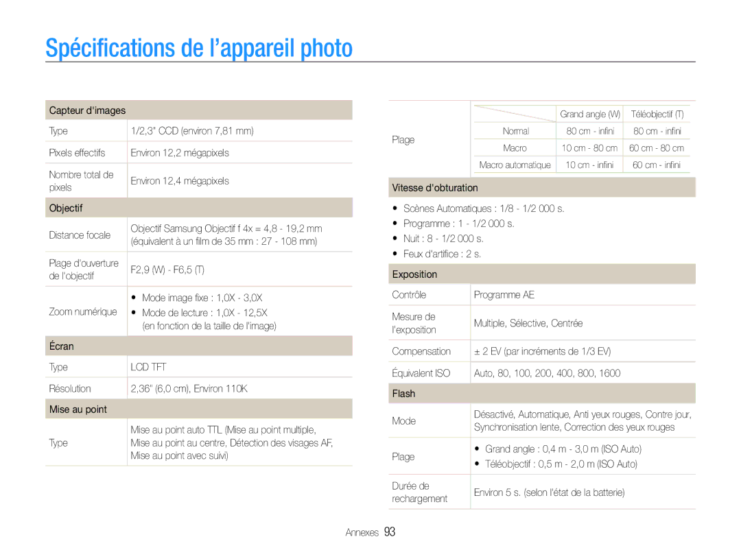 Samsung EC-ES9ZZZBABE1 manual Spécifications de l’appareil photo 