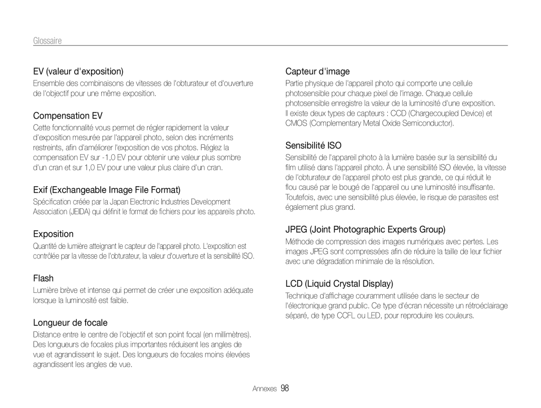 Samsung EC-ES9ZZZBABE1 manual Glossaire 