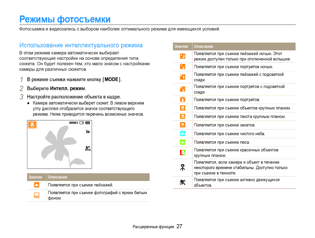 Samsung EC-ES9ZZZBABRU, EC-ES9ZZZBASRU Режимы фотосъемки, Использование интеллектуального режима, Выберите Интелл. режим 