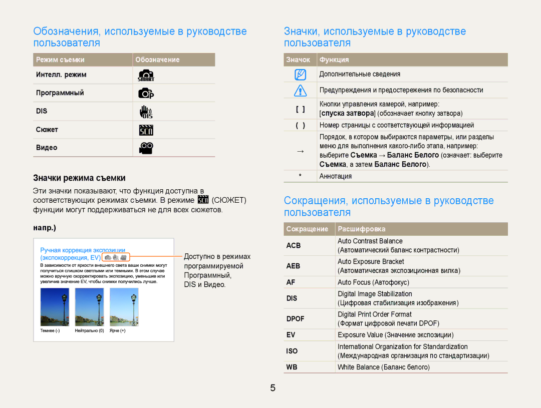 Samsung EC-ES9ZZZBASE2, EC-ES9ZZZBABRU manual Обозначения, используемые в руководстве пользователя, Значки режима съемки 