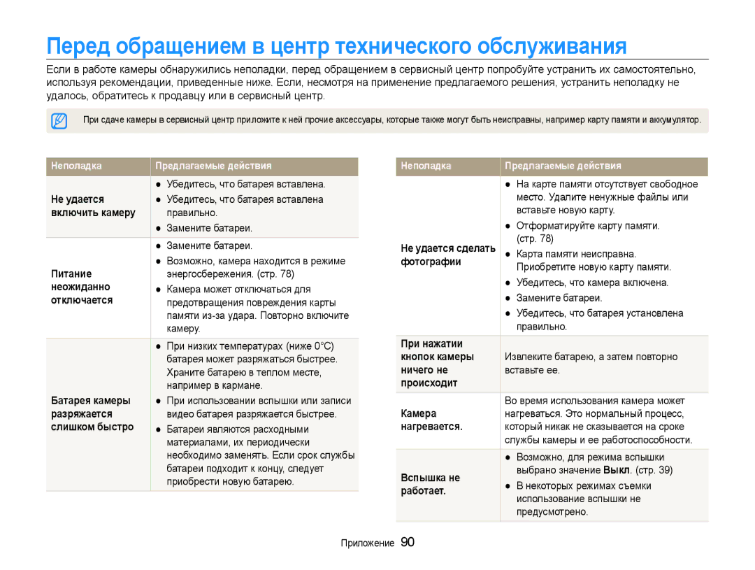 Samsung EC-ES9ZZZBABE2 manual Перед обращением в центр технического обслуживания, Не удается, Включить камеру Правильно 