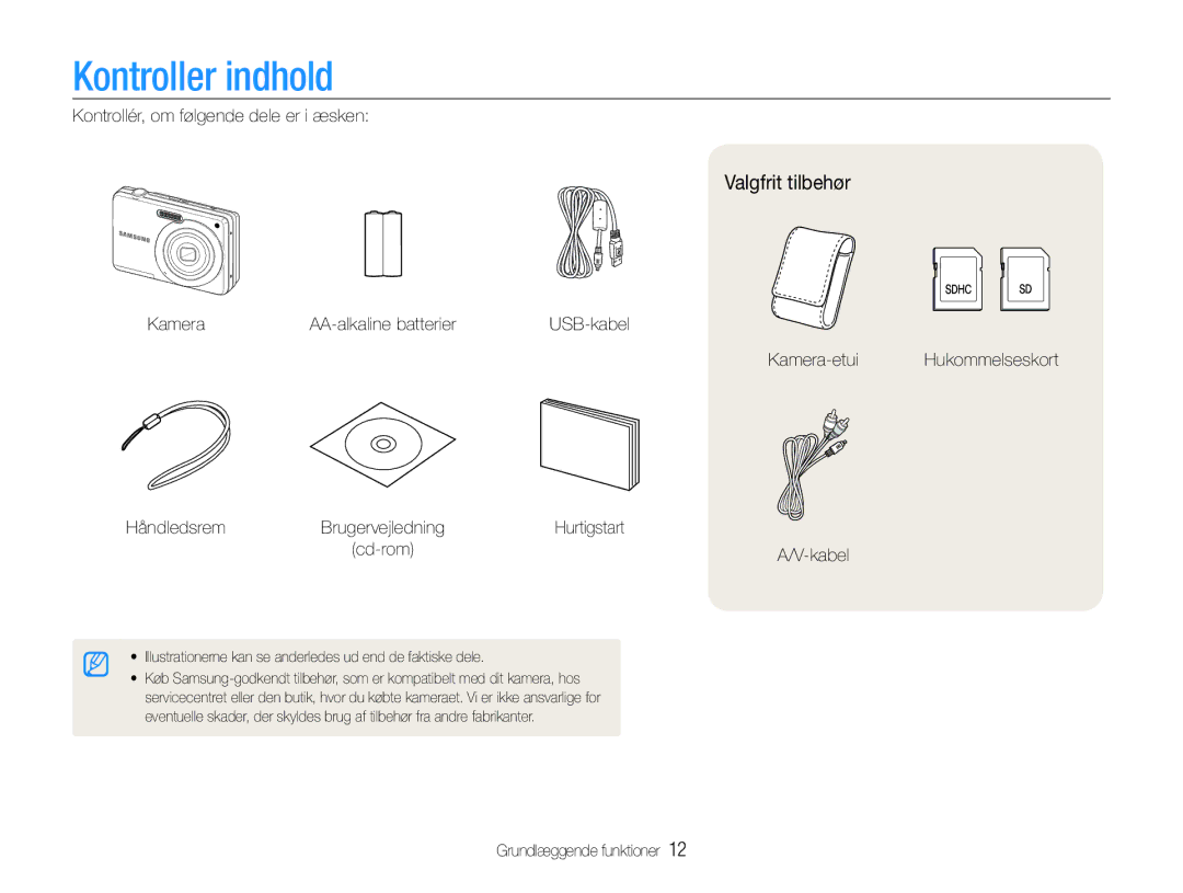 Samsung EC-ES9ZZZBASE2, EC-ES9ZZZBAPE2, EC-ES9ZZZBABE2, EC-ES9ZZZBARE2 manual Kontroller indhold, Valgfrit tilbehør 