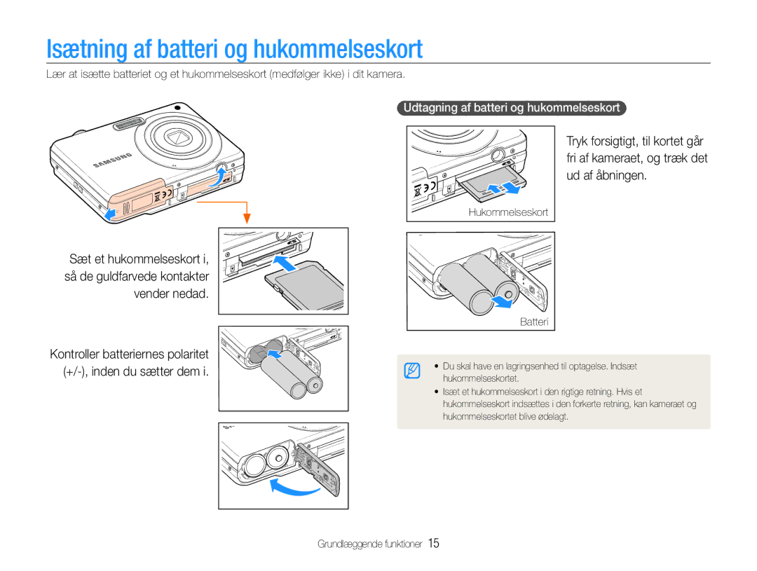 Samsung EC-ES9ZZZBAPE2, EC-ES9ZZZBASE2 Isætning af batteri og hukommelseskort, Udtagning af batteri og hukommelseskort 