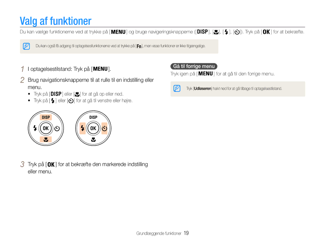 Samsung EC-ES9ZZZBAPE2, EC-ES9ZZZBASE2, EC-ES9ZZZBABE2 manual Valg af funktioner, Menu, Eller menu, Gå til forrige menu 