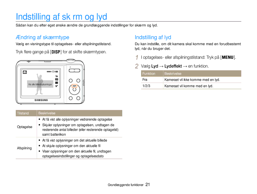 Samsung EC-ES9ZZZBABE2, EC-ES9ZZZBAPE2 manual Indstilling af skærm og lyd, Ændring af skærmtype, Indstilling af lyd 