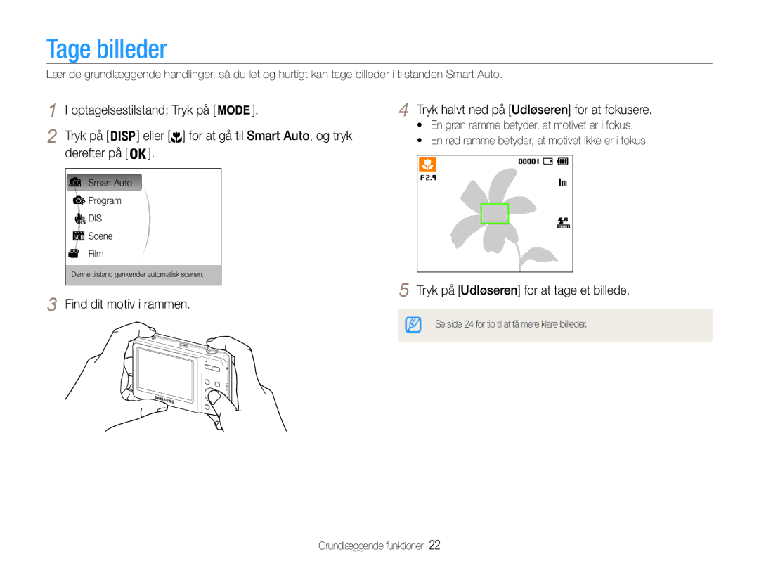 Samsung EC-ES9ZZZBARE2 Tage billeder, Tryk på Udløseren for at tage et billede, Eller for at gå til Smart Auto, og tryk 