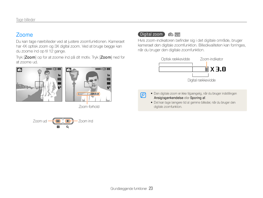 Samsung EC-ES9ZZZBAPE2, EC-ES9ZZZBASE2, EC-ES9ZZZBABE2 manual Zoome, Tage billeder, Digital zoom, Digital rækkevidde 