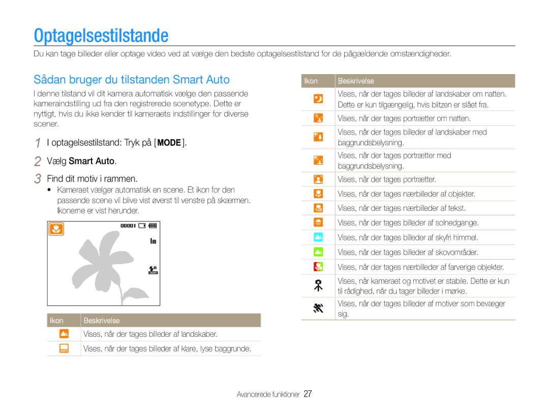 Samsung EC-ES9ZZZBAPE2 Optagelsestilstande, Sådan bruger du tilstanden Smart Auto, Vælg Smart Auto Find dit motiv i rammen 