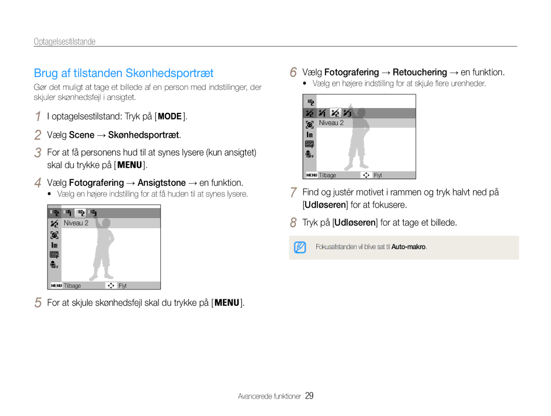 Samsung EC-ES9ZZZBABE2 manual Brug af tilstanden Skønhedsportræt, Optagelsestilstand Tryk på Vælg Scene → Skønhedsportræt 