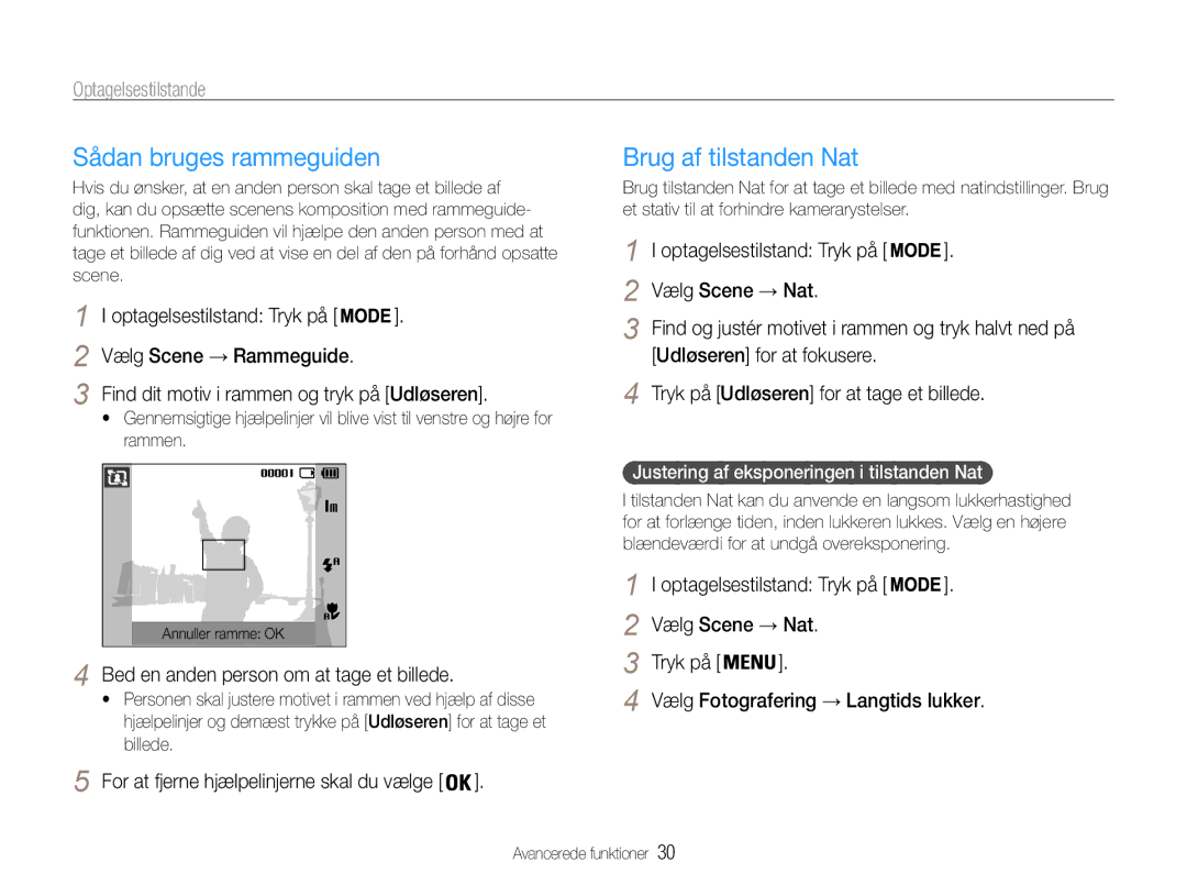 Samsung EC-ES9ZZZBARE2, EC-ES9ZZZBAPE2, EC-ES9ZZZBASE2, EC-ES9ZZZBABE2 manual Sådan bruges rammeguiden, Brug af tilstanden Nat 