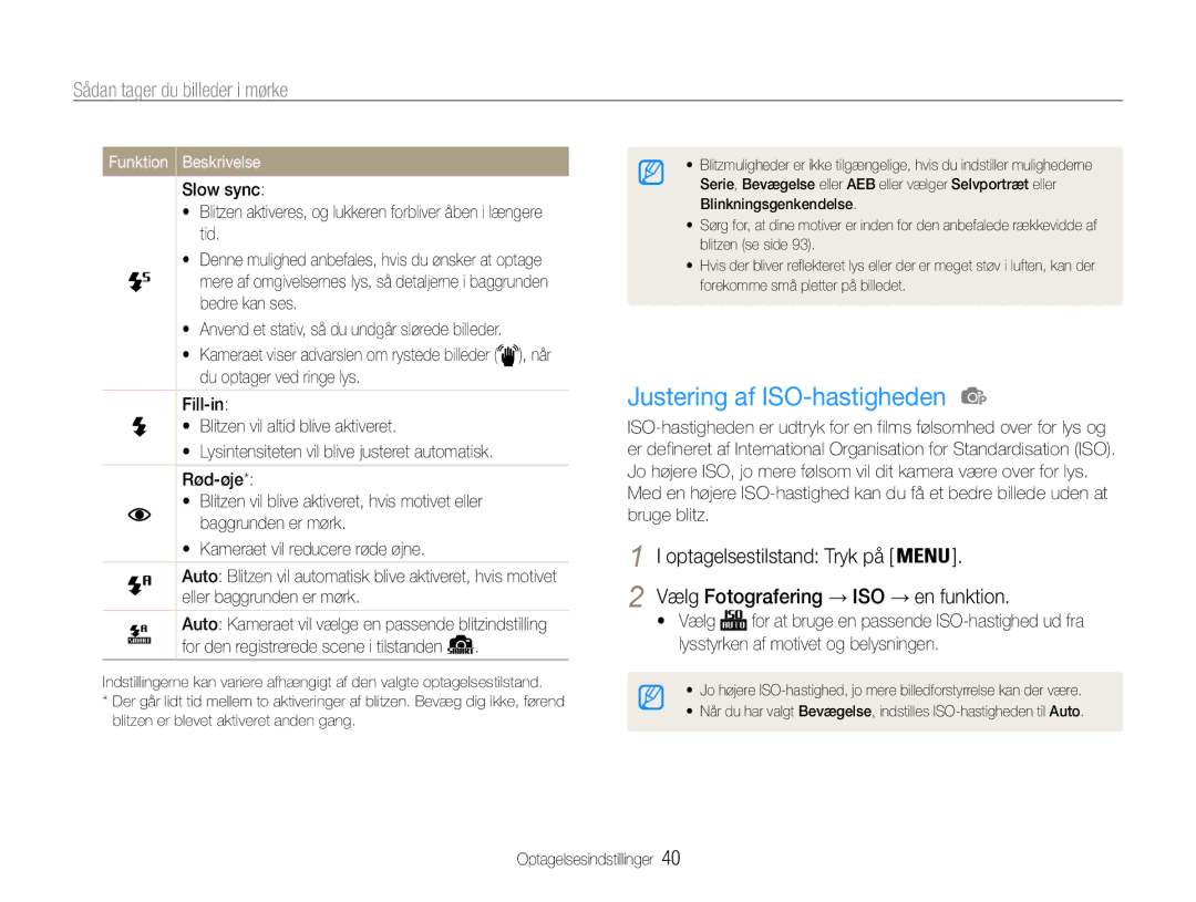 Samsung EC-ES9ZZZBASE2, EC-ES9ZZZBAPE2, EC-ES9ZZZBABE2 manual Justering af ISO-hastigheden, Sådan tager du billeder i mørke 