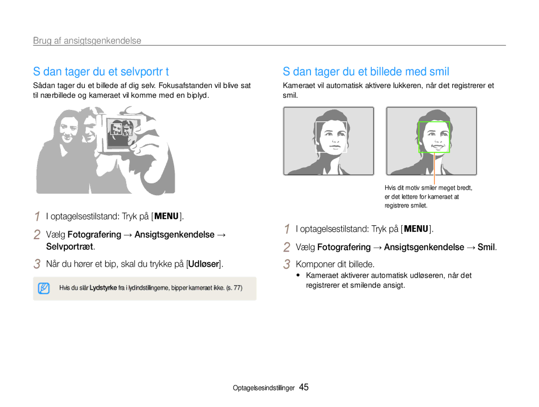 Samsung EC-ES9ZZZBABE2 manual Sådan tager du et selvportræt, Sådan tager du et billede med smil, Brug af ansigtsgenkendelse 