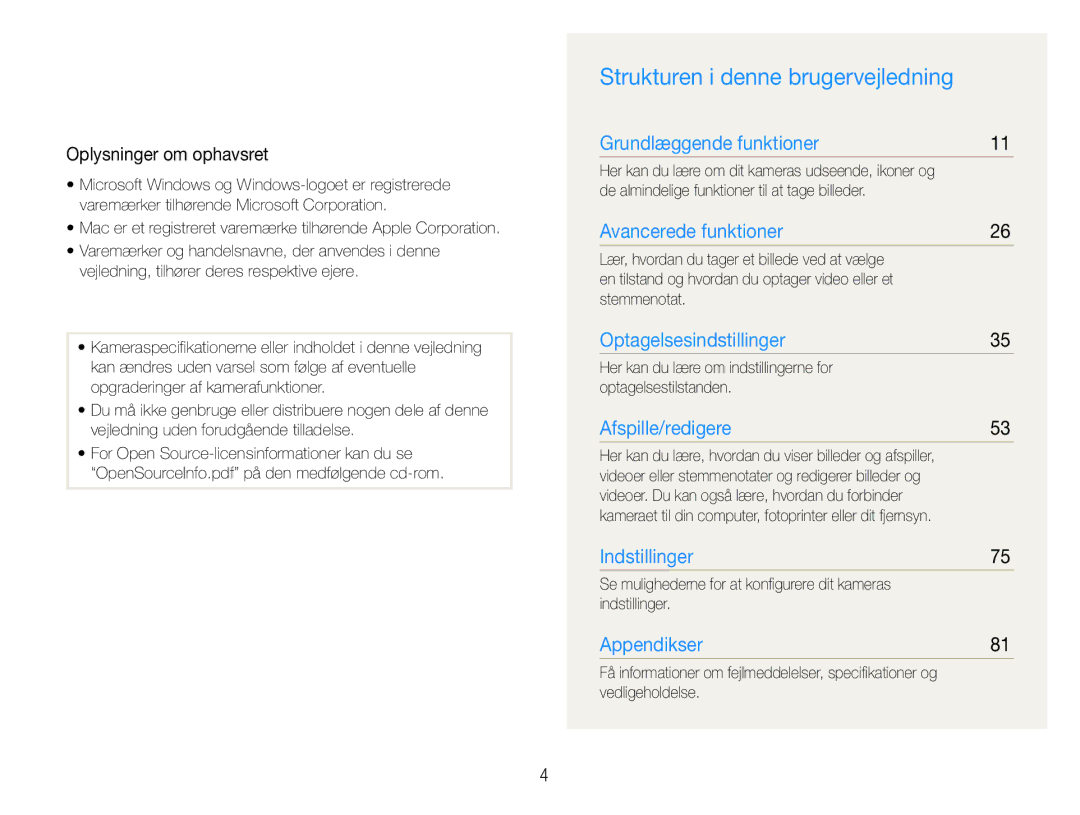 Samsung EC-ES9ZZZBASE2, EC-ES9ZZZBAPE2, EC-ES9ZZZBABE2 manual Strukturen i denne brugervejledning, Oplysninger om ophavsret 