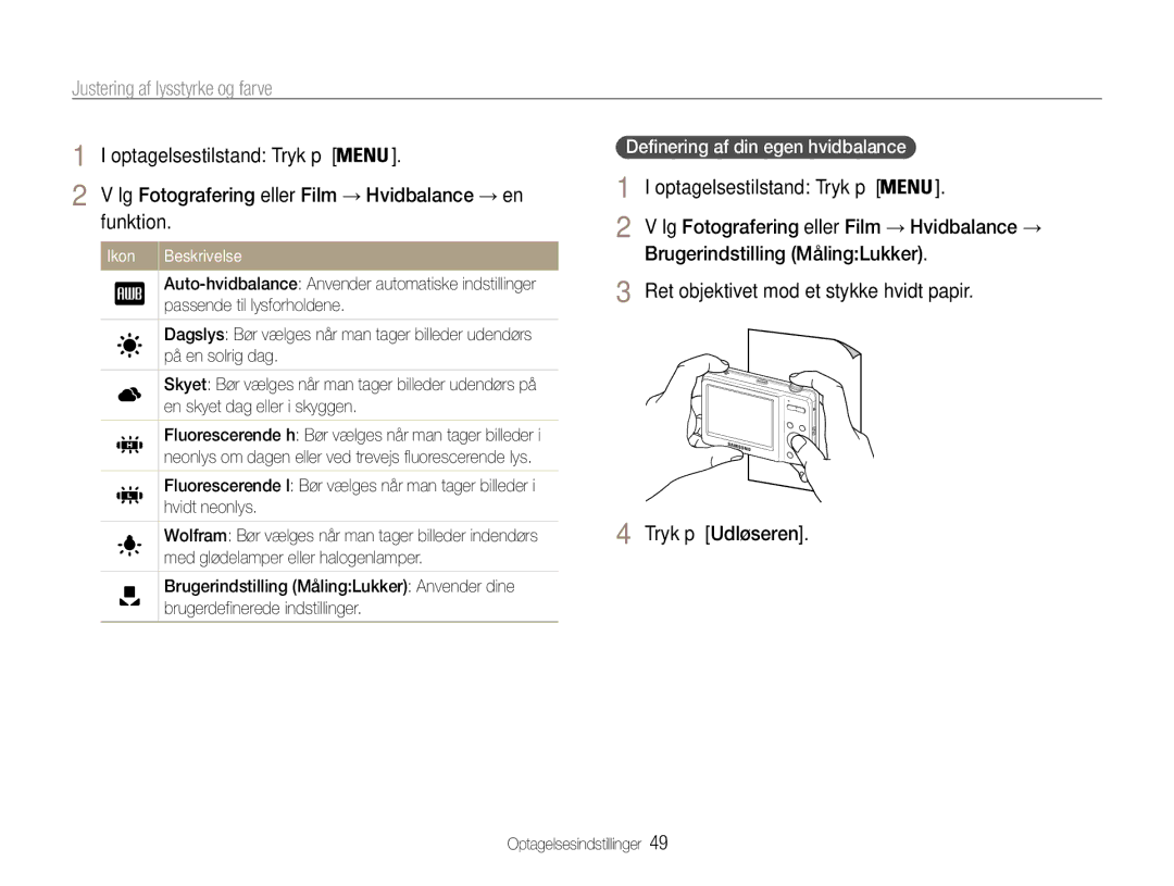 Samsung EC-ES9ZZZBABE2 manual Funktion, Ret objektivet mod et stykke hvidt papir, Definering af din egen hvidbalance 