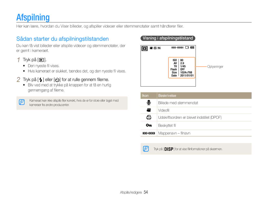 Samsung EC-ES9ZZZBARE2 manual Afspilning, Sådan starter du afspilningstilstanden, Tryk på eller for at rulle gennem filerne 