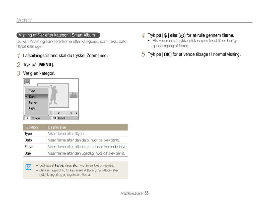 Samsung EC-ES9ZZZBAPE2, EC-ES9ZZZBASE2, EC-ES9ZZZBABE2 manual Afspilning, Visning af filer efter kategori i Smart Album 