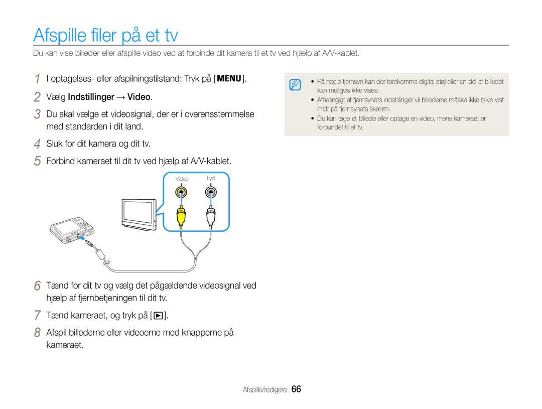 Samsung EC-ES9ZZZBARE2 manual Afspille filer på et tv, Kameraet, Afspil billederne eller videoerne med knapperne på 