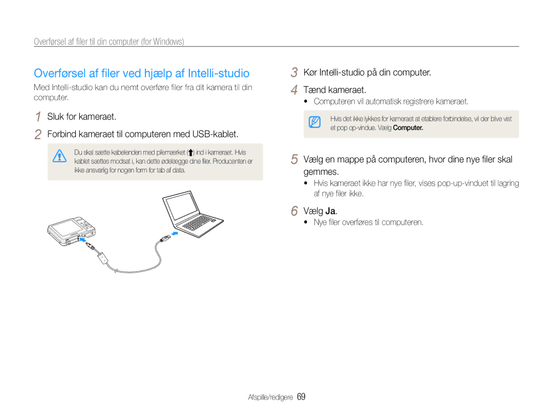 Samsung EC-ES9ZZZBABE2 Overførsel af filer ved hjælp af Intelli-studio, Kør Intelli-studio på din computer Tænd kameraet 