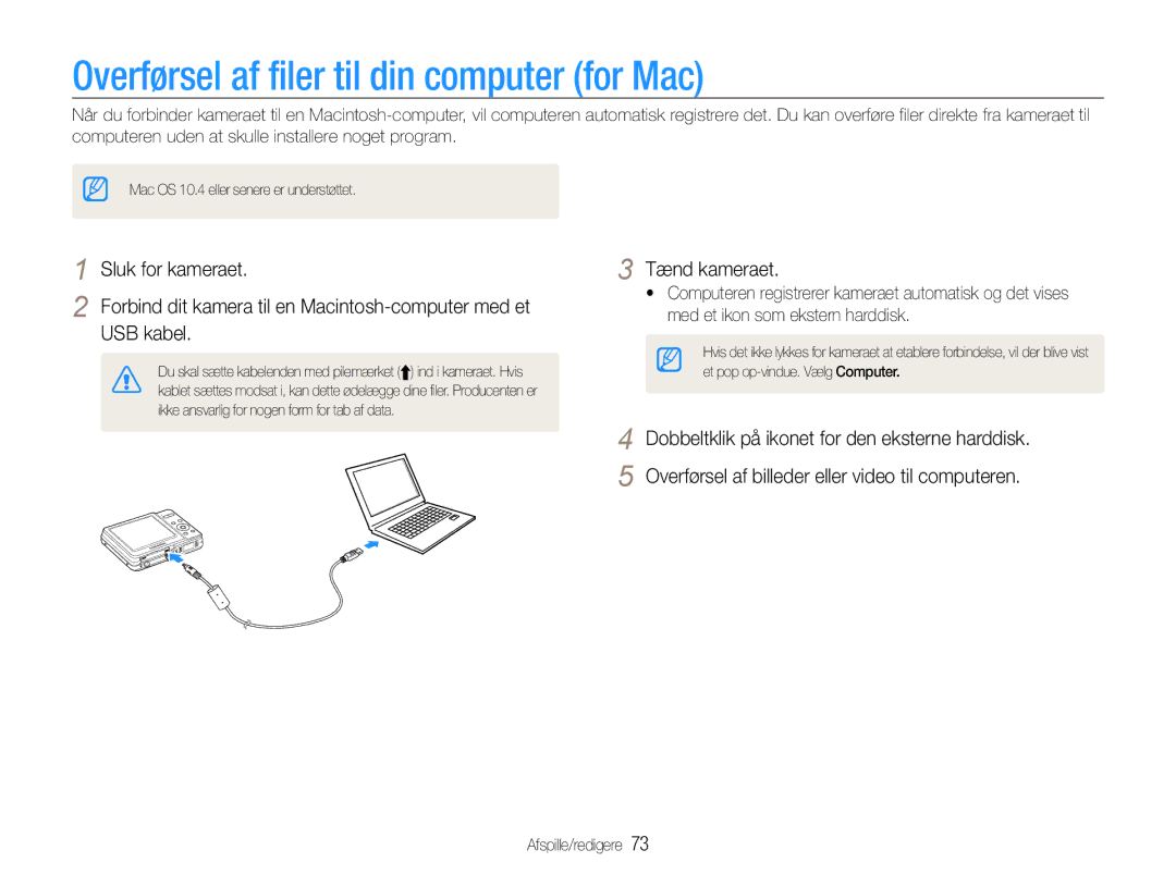 Samsung EC-ES9ZZZBABE2, EC-ES9ZZZBAPE2, EC-ES9ZZZBASE2 manual Overførsel af filer til din computer for Mac, USB kabel 