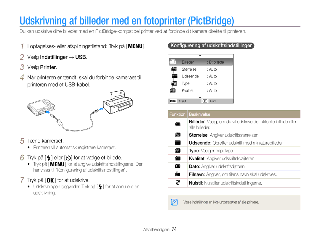 Samsung EC-ES9ZZZBARE2 manual Udskrivning af billeder med en fotoprinter PictBridge, Vælg Indstillinger → USB Vælg Printer 