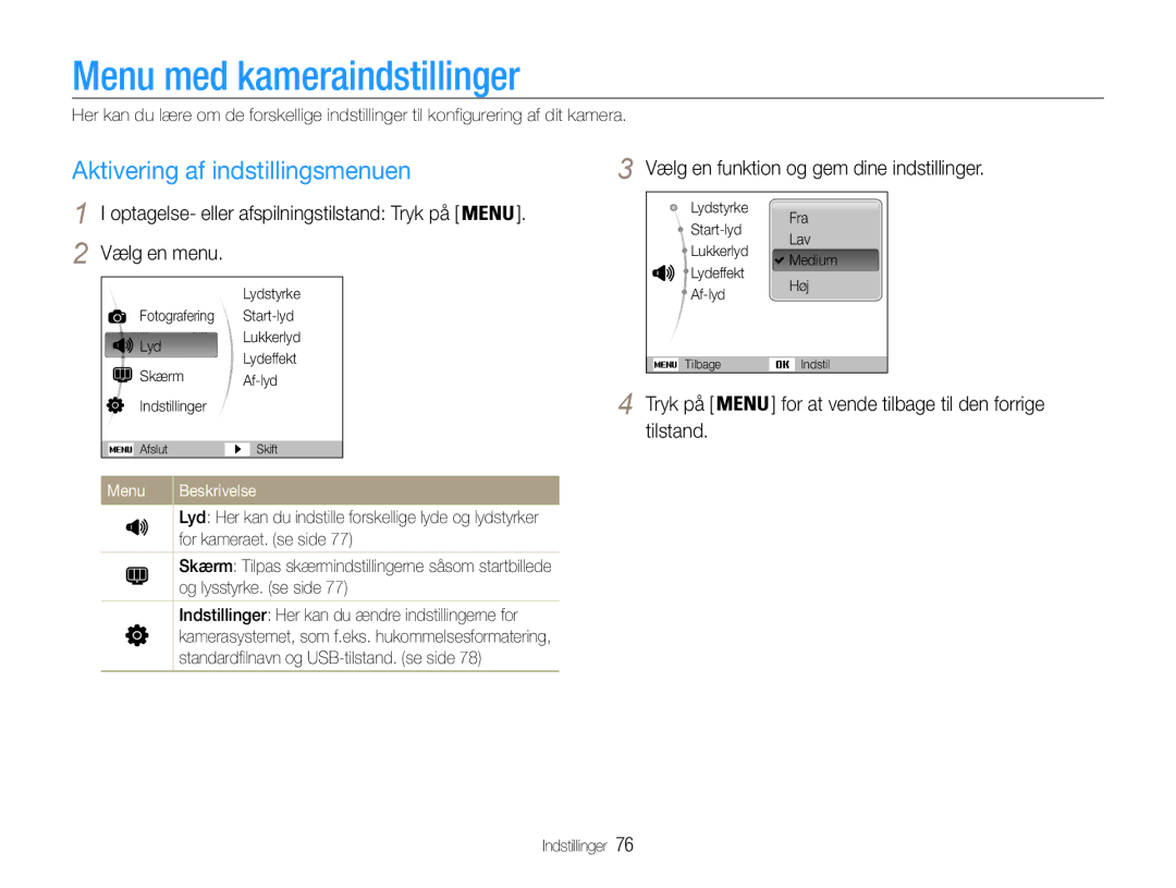 Samsung EC-ES9ZZZBASE2 manual Menu med kameraindstillinger, Aktivering af indstillingsmenuen, Tilstand, Menu Beskrivelse 