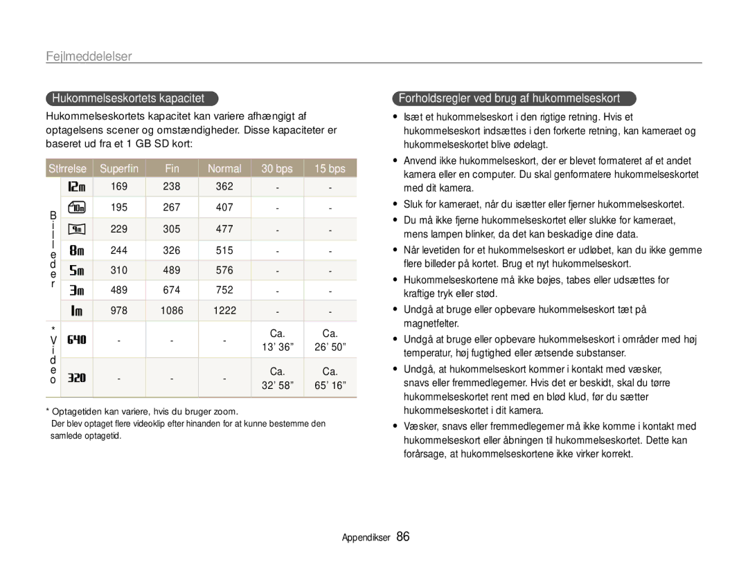 Samsung EC-ES9ZZZBARE2 manual Fejlmeddelelser, Hukommelseskortets kapacitet, Forholdsregler ved brug af hukommelseskort 