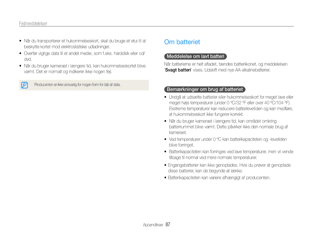 Samsung EC-ES9ZZZBAPE2, EC-ES9ZZZBASE2 manual Om batteriet, Meddelelse om lavt batteri, Bemærkninger om brug af batteriet 