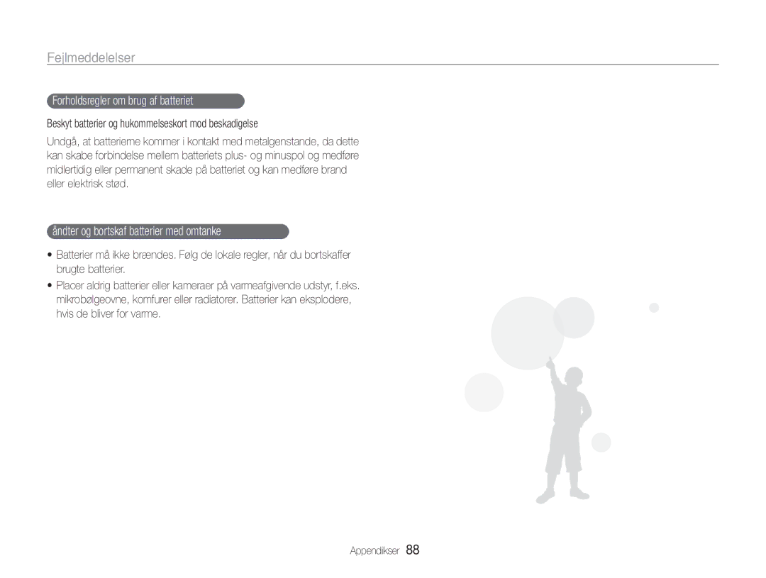 Samsung EC-ES9ZZZBASE2, EC-ES9ZZZBAPE2 manual Forholdsregler om brug af batteriet, Håndter og bortskaf batterier med omtanke 