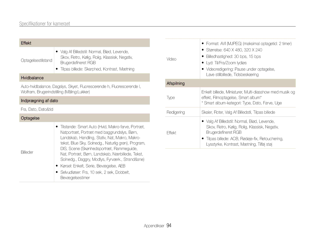 Samsung EC-ES9ZZZBARE2, EC-ES9ZZZBAPE2, EC-ES9ZZZBASE2, EC-ES9ZZZBABE2 manual Specifikationer for kameraet 