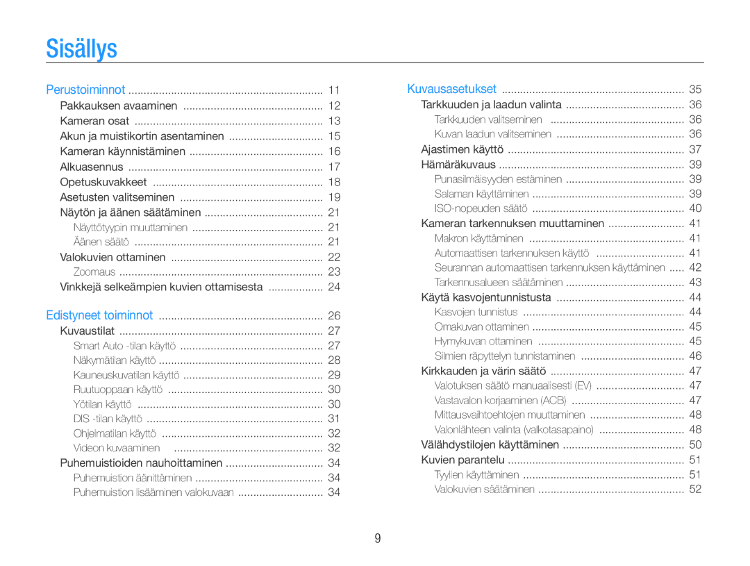 Samsung EC-ES9ZZZBABE2, EC-ES9ZZZBAPE2, EC-ES9ZZZBASE2, EC-ES9ZZZBARE2 manual Sisällys 