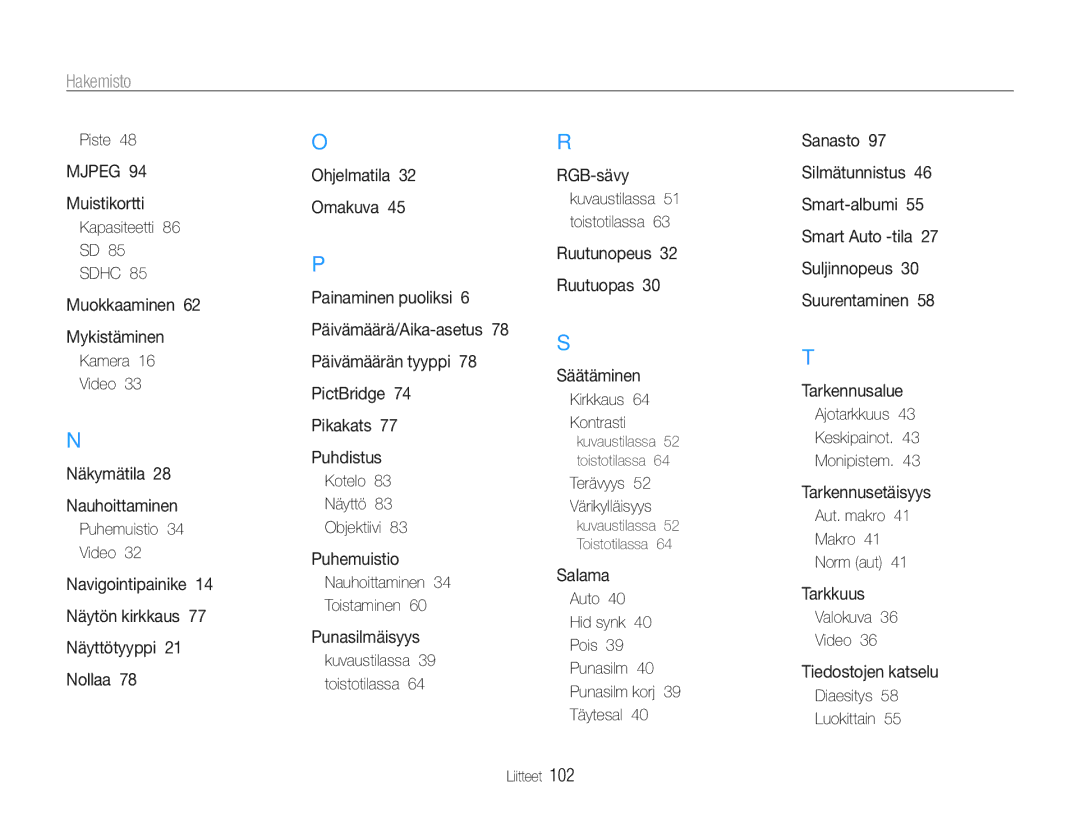 Samsung EC-ES9ZZZBARE2, EC-ES9ZZZBAPE2, EC-ES9ZZZBASE2, EC-ES9ZZZBABE2 manual Hakemisto 