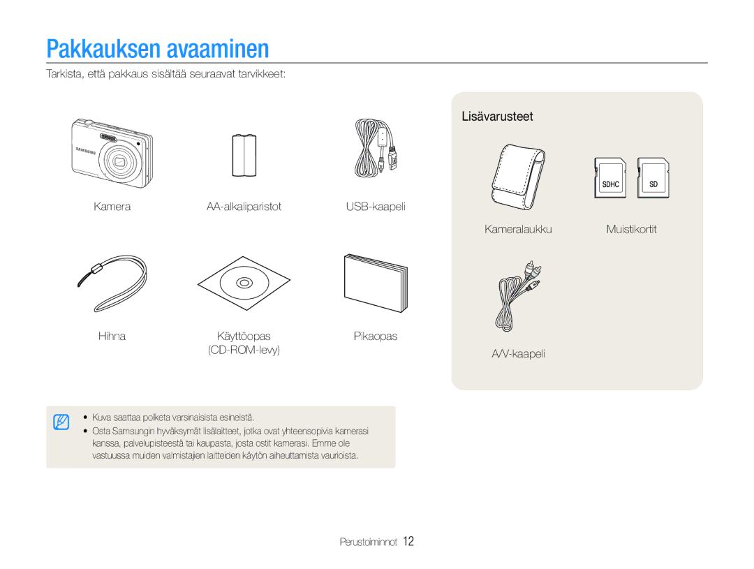 Samsung EC-ES9ZZZBASE2, EC-ES9ZZZBAPE2, EC-ES9ZZZBABE2, EC-ES9ZZZBARE2 manual Pakkauksen avaaminen, Lisävarusteet 